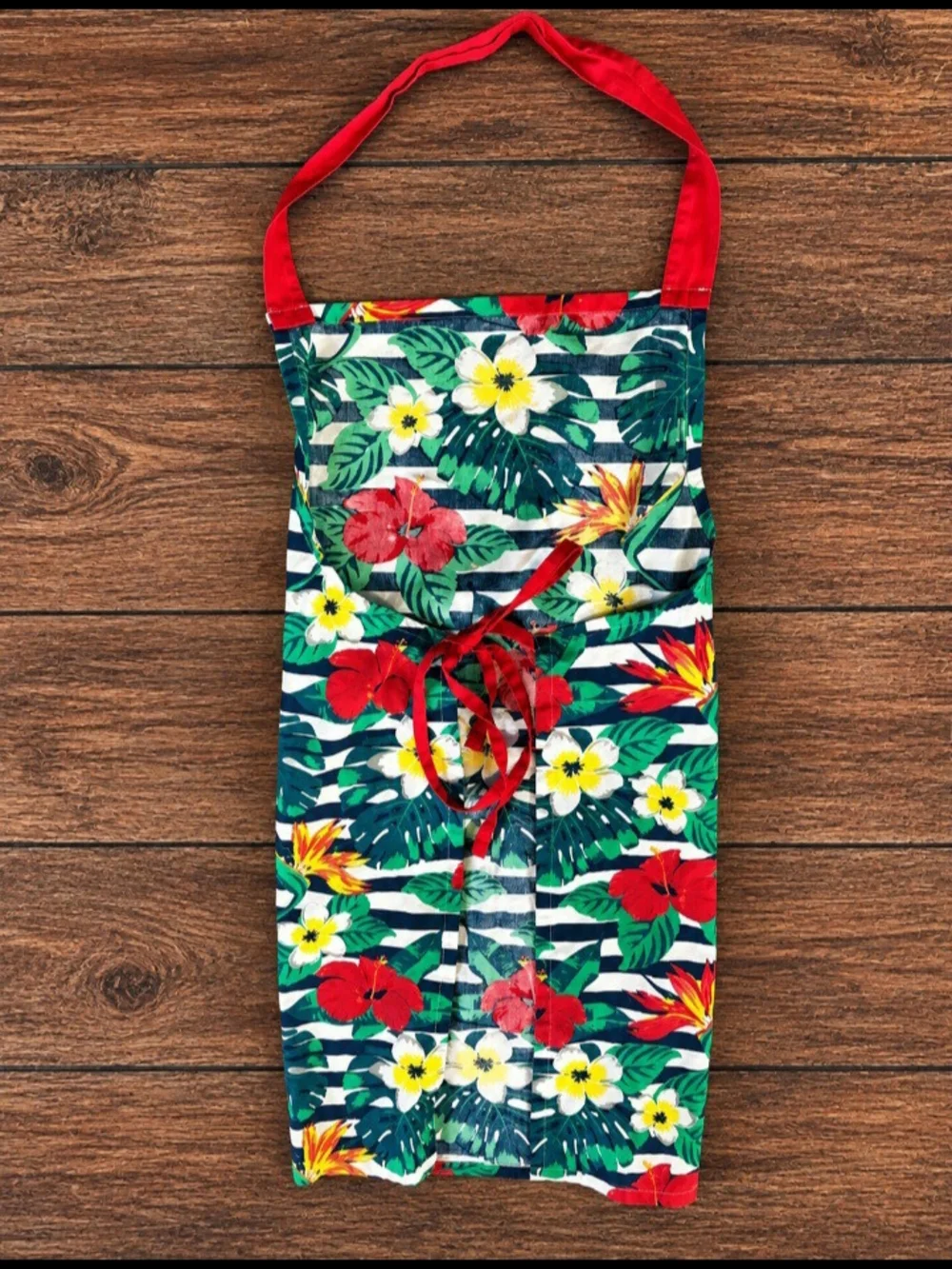 Tropical Floral Striped Apron Red Hibiscus Adjustable Tie Waist Pockets